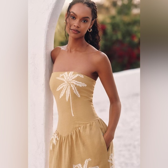 NWT! Anthropologie Celandine Linen Blend Strapless Drop-Waist Midi Dress🦉 🪀 - Picture 2 of 5